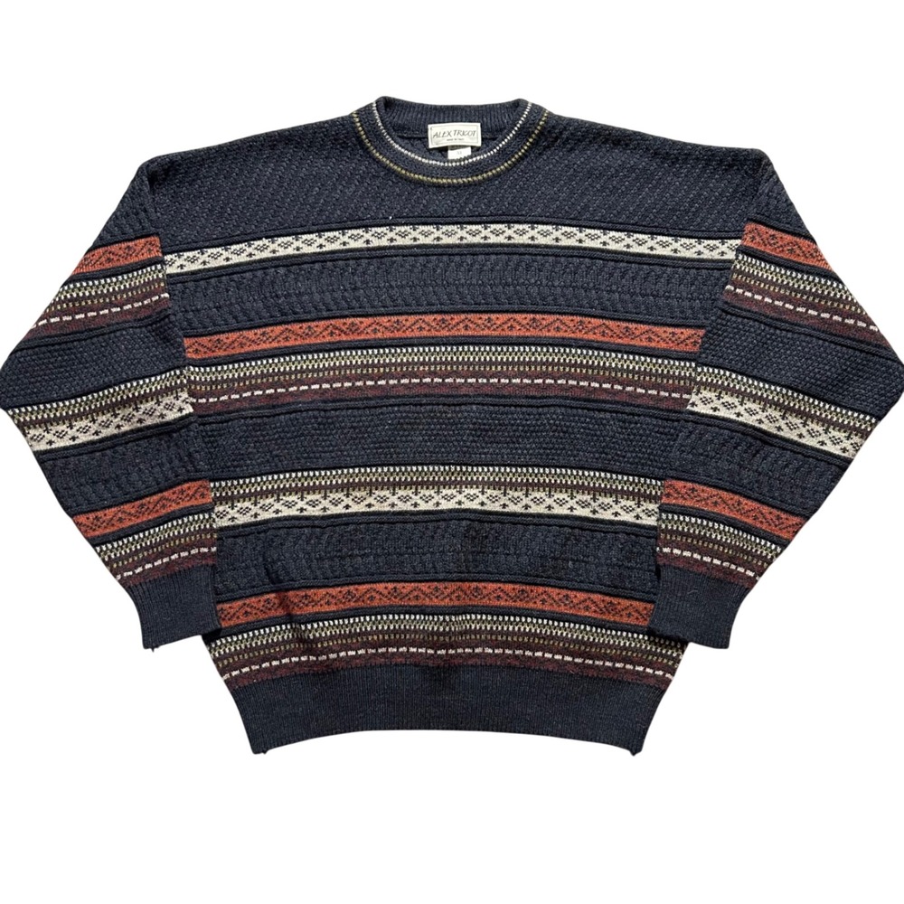 Alex Tricot Sweater Men M Navy Blue Fair Isle Geometric Textured Made in Italy
